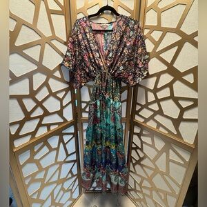 NWT White Waves Silk Multicolor Maxi Dress - S/M